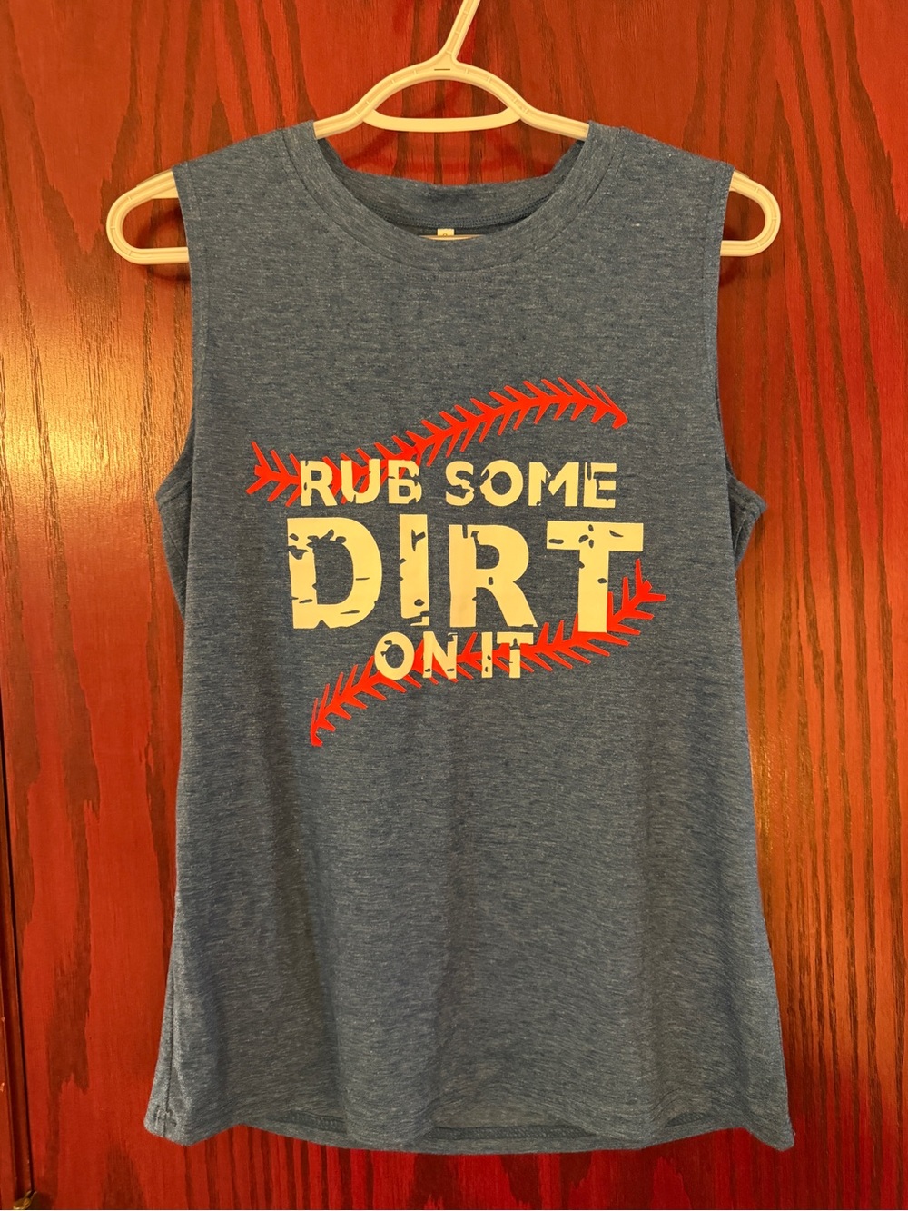 Women’s Blue Sleeveless Tee with 'Rub Some Dirt On It' Graphic